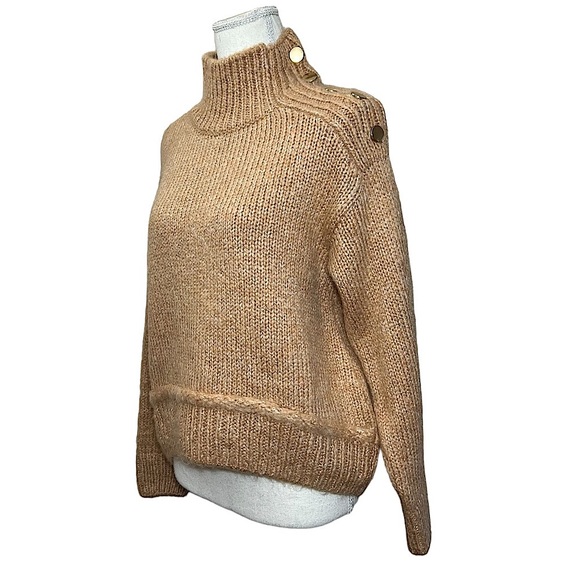 NWT Topshop tan amber funnel mock neck button shoulder fuzzy chunky sweater XS - Picture 1 of 15
